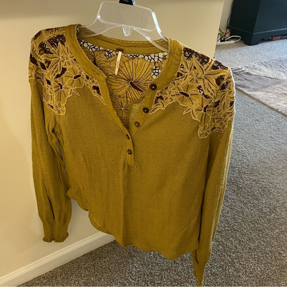 Free people embroidery shirt, mustard color